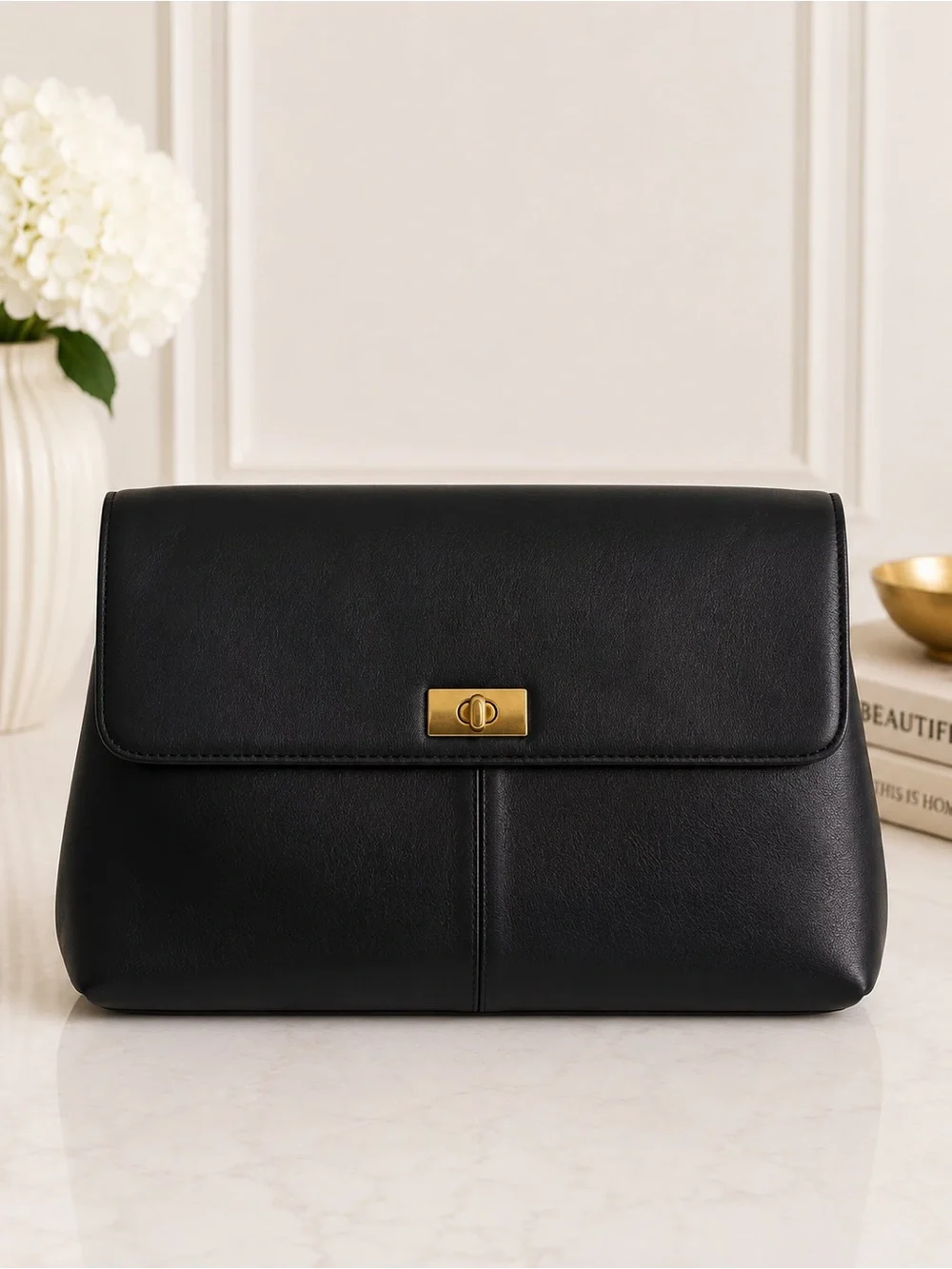 J.Crew Black Leather Turnlock Clutch Bag Convertible Shoulder Purse